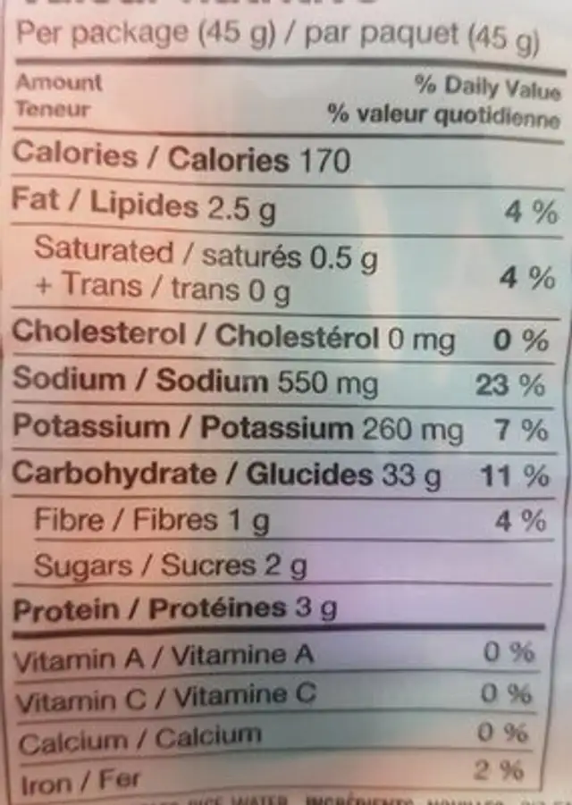 Thai ginger veg instant noodle nutrition facts table