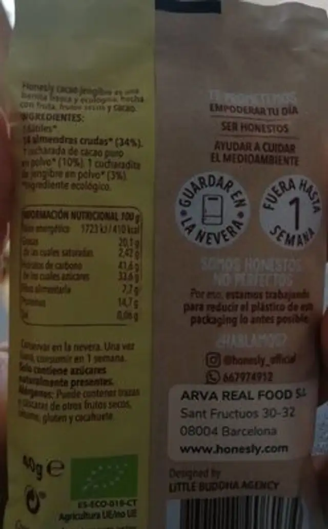 Snack Cacao&Jengibre 4 ingredientes nutrition facts table