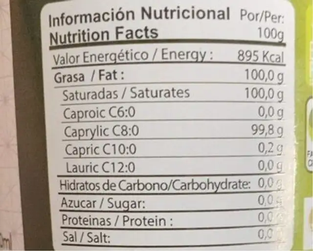 C8 puro, aceite mct nutrition facts table