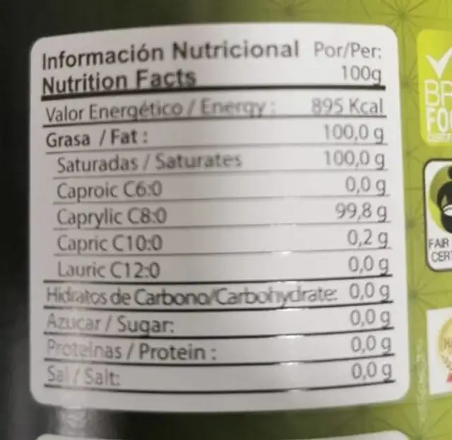 C8 Puro Aceite MCT nutrition facts table
