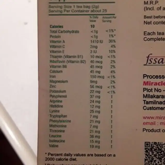 Moringa tea ingredients label