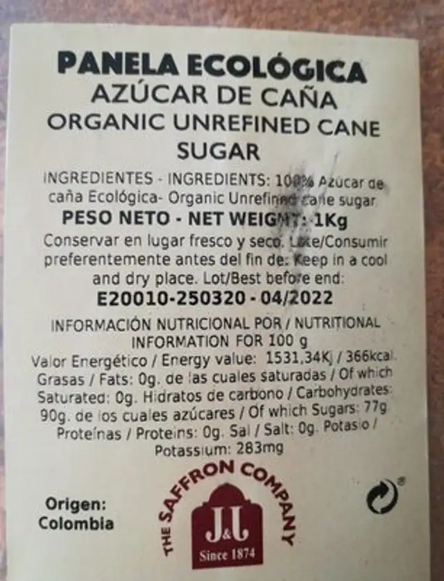 PANELA ECOLOGICA nutrition facts table
