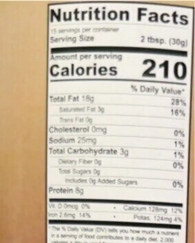 Pure sesame nutrition facts table