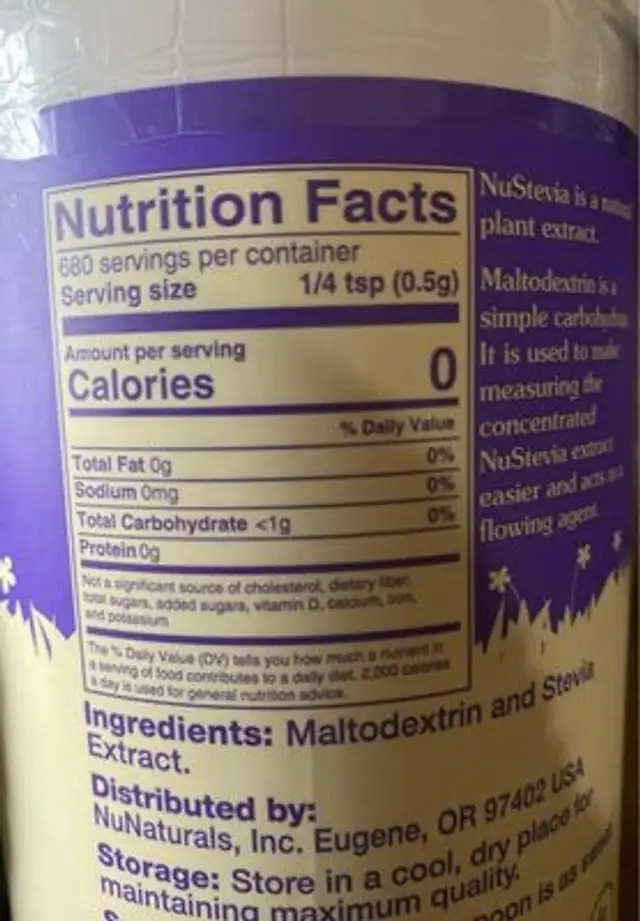 White Stevia Powder nutrition facts table
