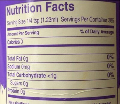 NuStevia Simple Syrup nutrition facts table