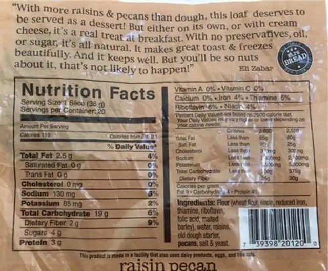 Raisin Pecan nutrition facts table