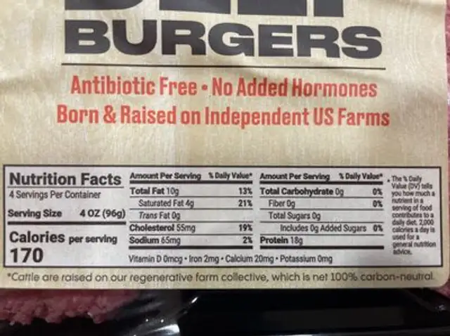 Grass-Fed Beef Burgers nutrition facts table