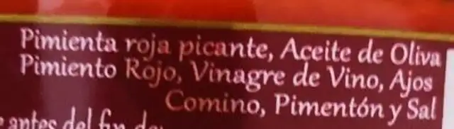 Mojo rojo hervido ingredients label