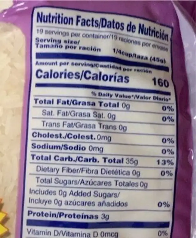 Jasmine rice nutrition facts table