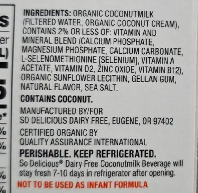 Organic coconut unsweetened vanilla coconutmilk ingredients label