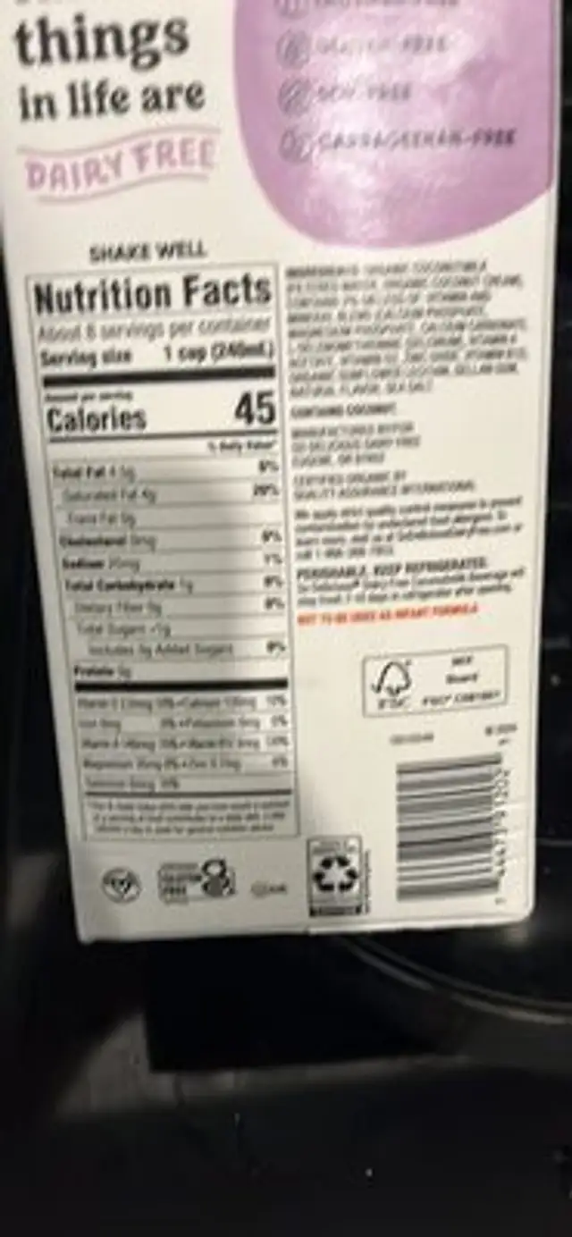 Organic coconut unsweetened vanilla coconutmilk nutrition facts table