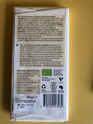 Chocolat Blanc Vegan Quinoa Soufflé Amandes Bio 85g