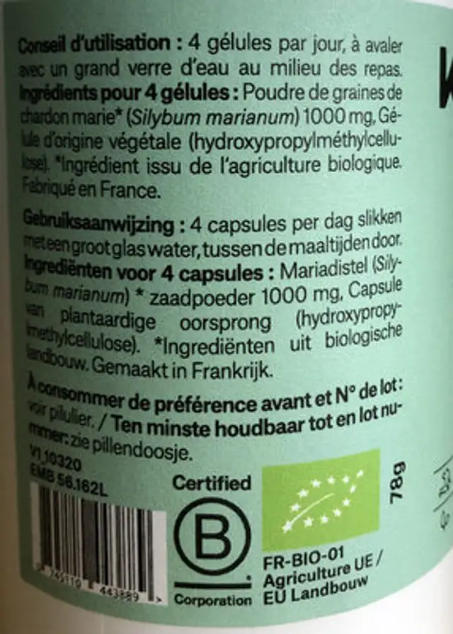 Chardon Marie Bio 240 gélules ingredients label