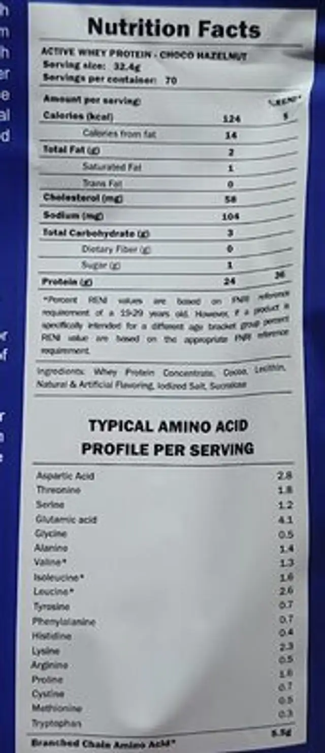 Active Whey Protein Choco Hazelnut nutrition facts table
