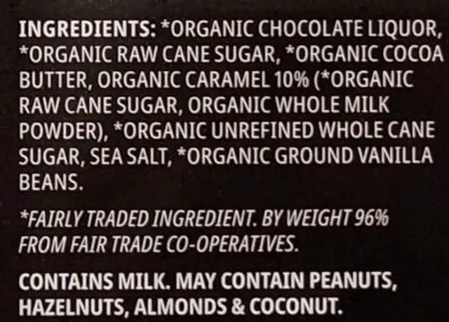 Dark Chocolate Caramel Crunch Bar ingredients label