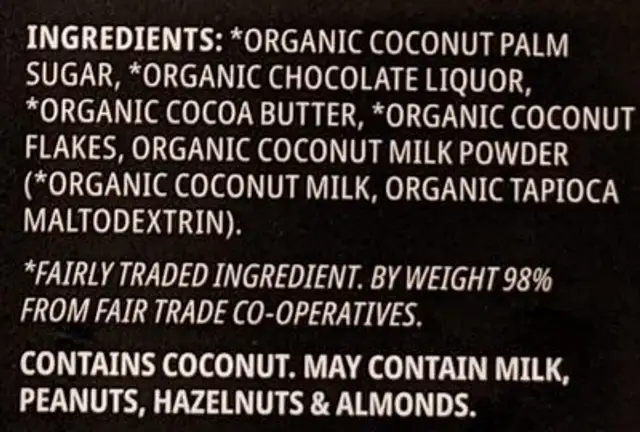 Organic Coconut Milk Chocolate Bar ingredients label