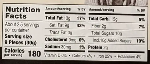 Organic Coconut Milk Chocolate Bar nutrition facts table