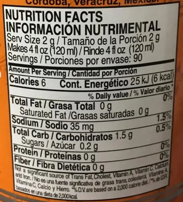 CAFE SOLUBLE nutrition facts table