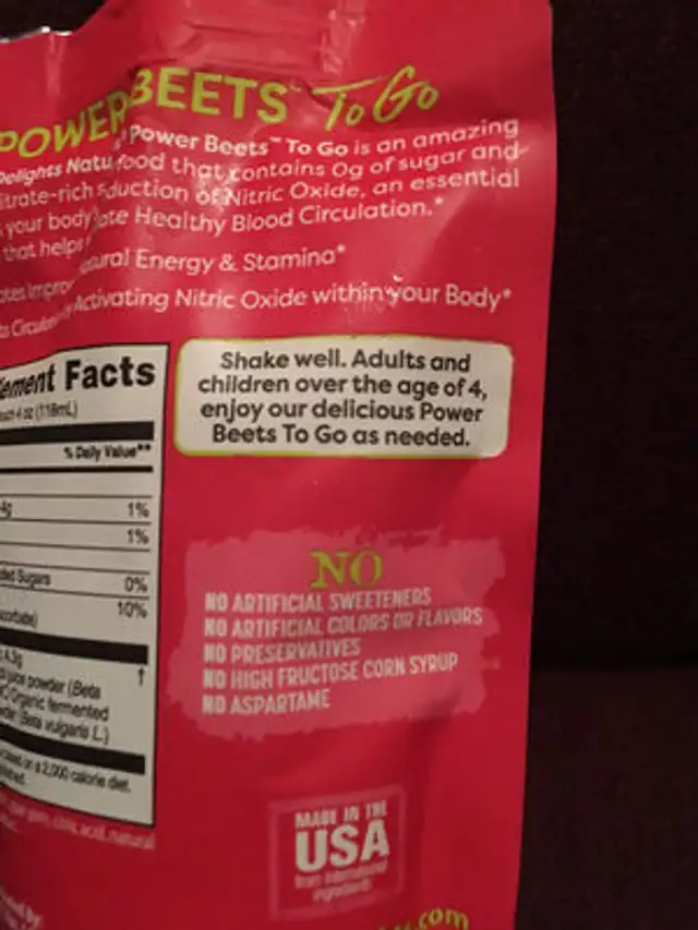 Power Beets nutrition facts table