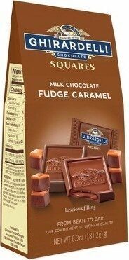 Milk chocolate fudge caramel chocolate squares front packaging