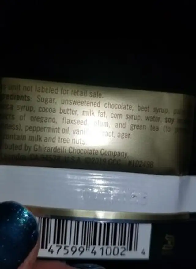 Dark Chocolate Mint square m ingredients label