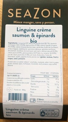 Linguine crème saumon et épinard bio
