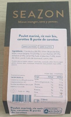 Poulet mariné, riz noir bio, carottes & purée de carottes