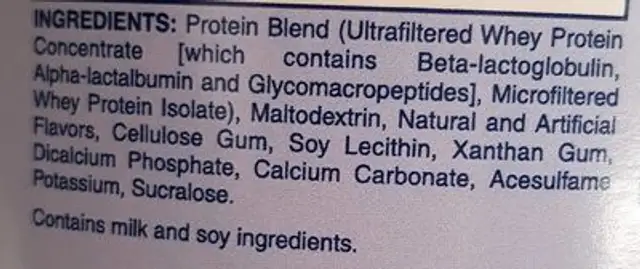 100% Whey Vanilla Milkeshake Protein Powder ingredients label