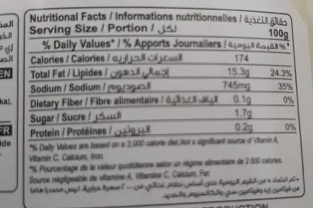 Mayonnaise nutrition facts table