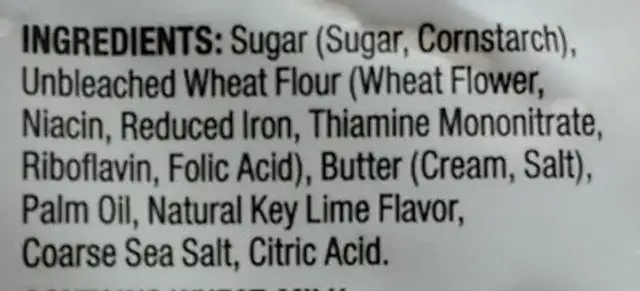 Key Lime Cookies ingredients label