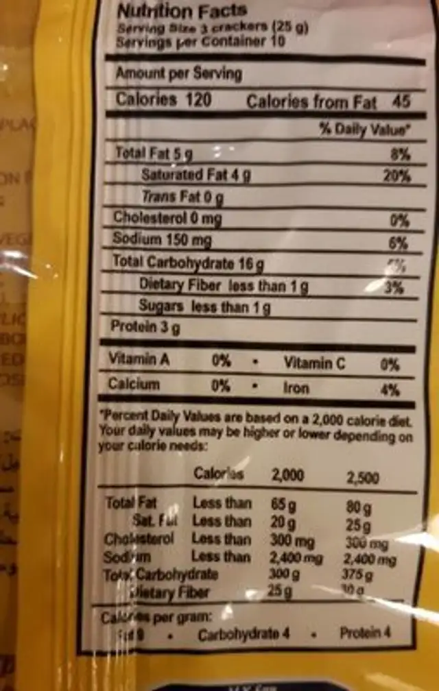 Sky flakes crackers nutrition facts table