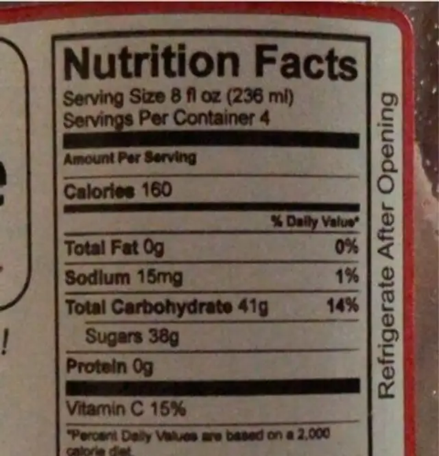 Peach Cider nutrition facts table