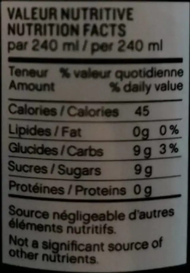 Kombucha nutrition facts table