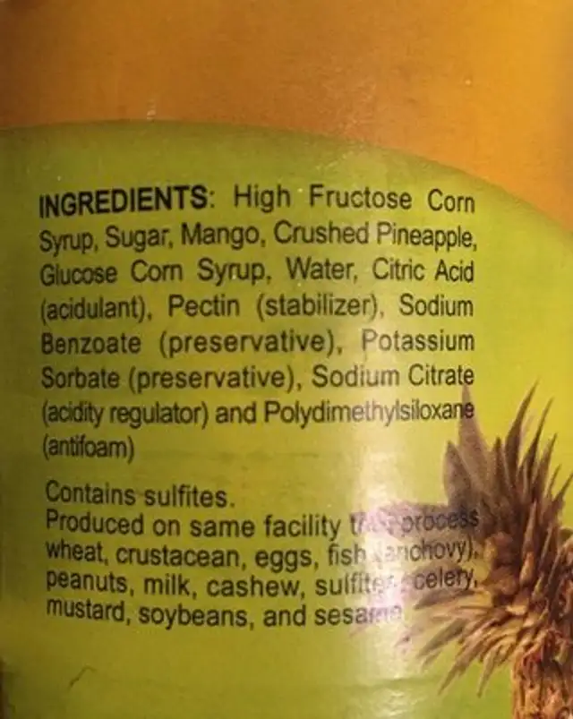 Mango pineapple jam ingredients label