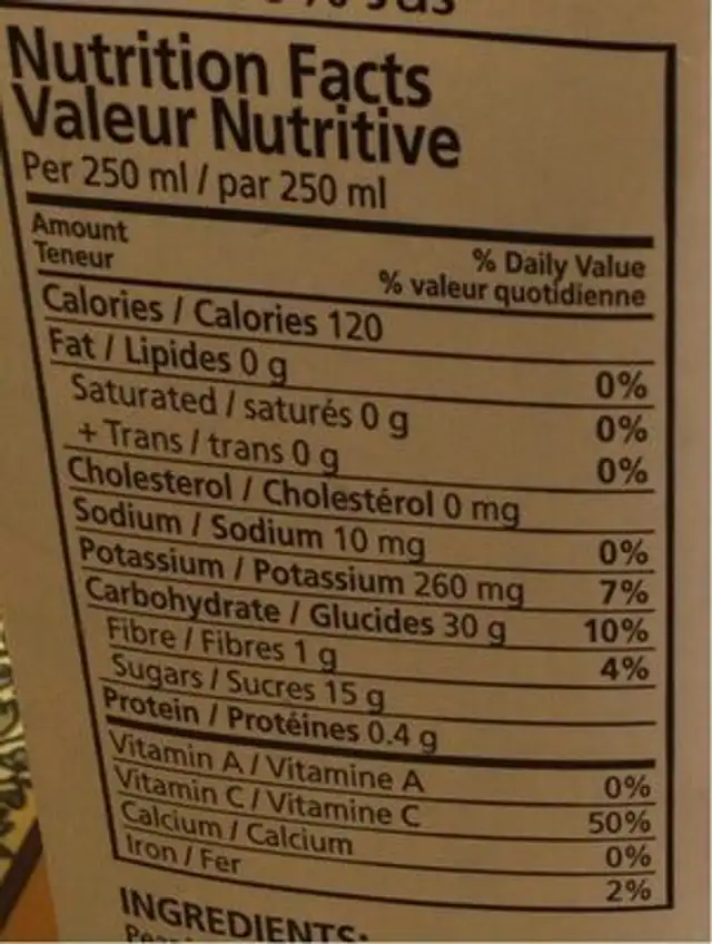 100% pear fruit juice blend, pear nutrition facts table