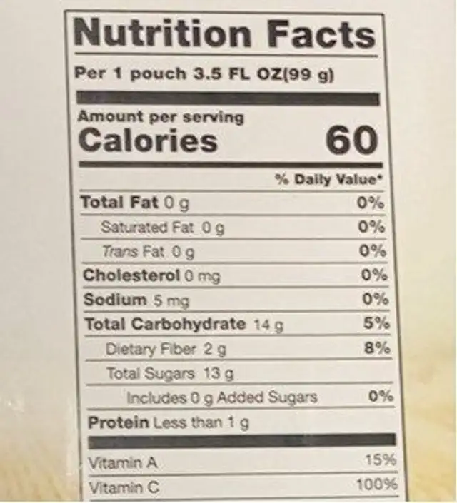 Smoothie to Go nutrition facts table