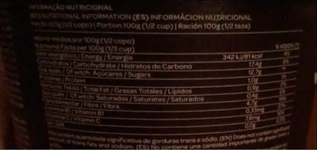 Açai com banana nutrition facts table
