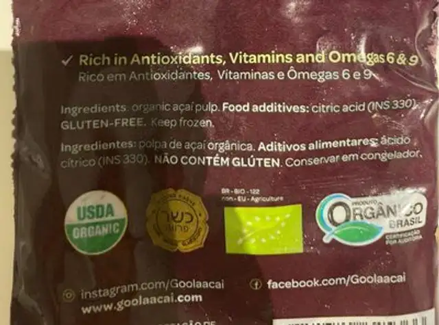 Açaí pure organic pulp nutrition facts table