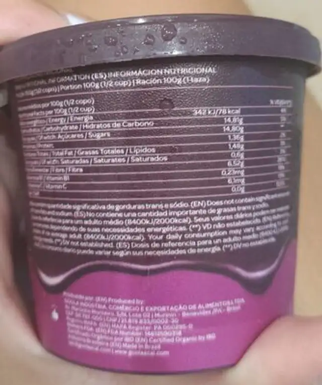 Açai original nutrition facts table