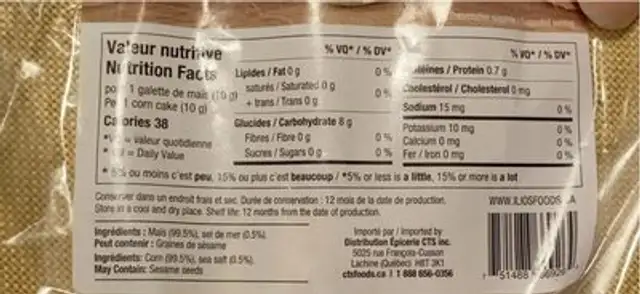 Galette de maïs nutrition facts table