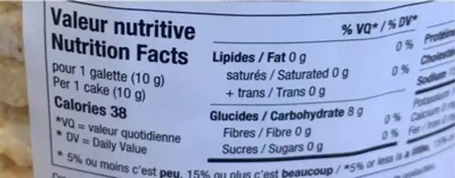 Galette de maïs et riz nutrition facts table