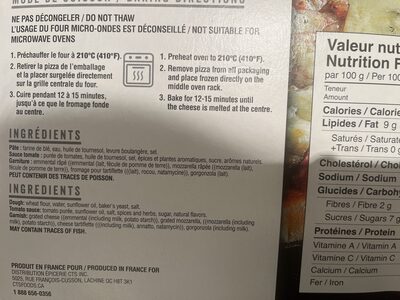 Pizza 4 fromages ingredients label
