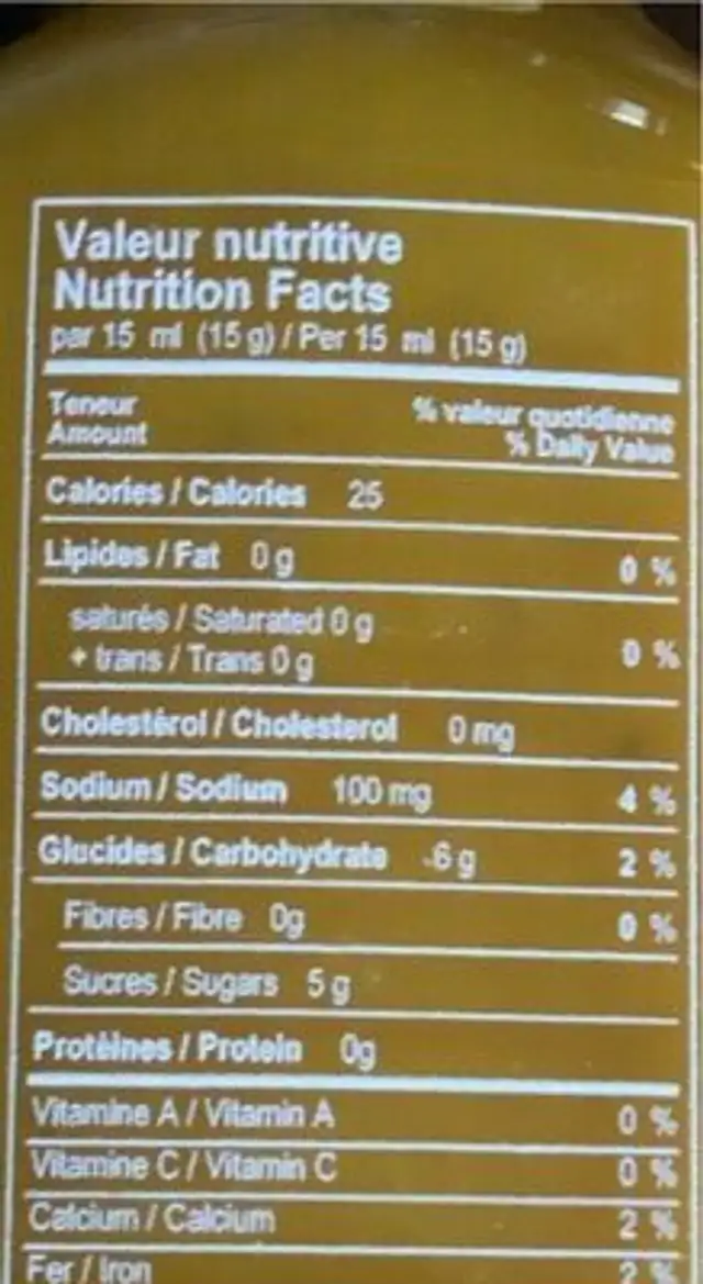 Moutarde à l’Érable nutrition facts table