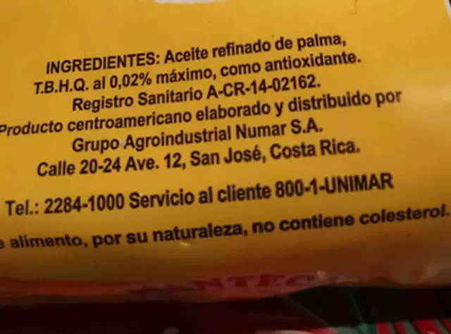 Manteca Corona ingredients label