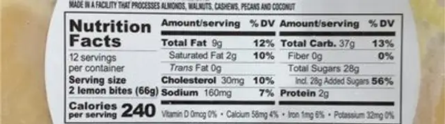 Lemon bite nutrition facts table