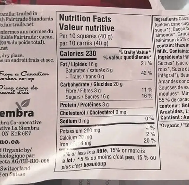 Chocolat noir aux amandes nutrition facts table