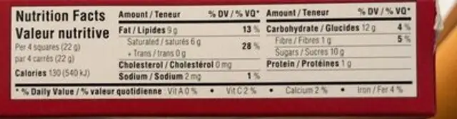 Chocolat à cuire nutrition facts table