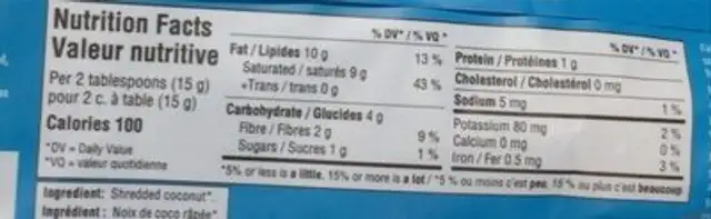 Noix de coco rapee nutrition facts table