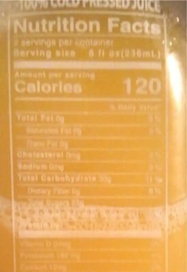 100% Cold Pressed Juice Tropical Delight nutrition facts table