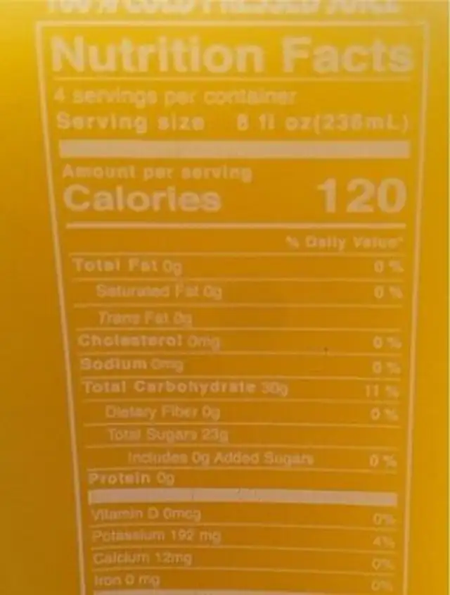 100% Cold Pressed Juice. Tropical delight nutrition facts table